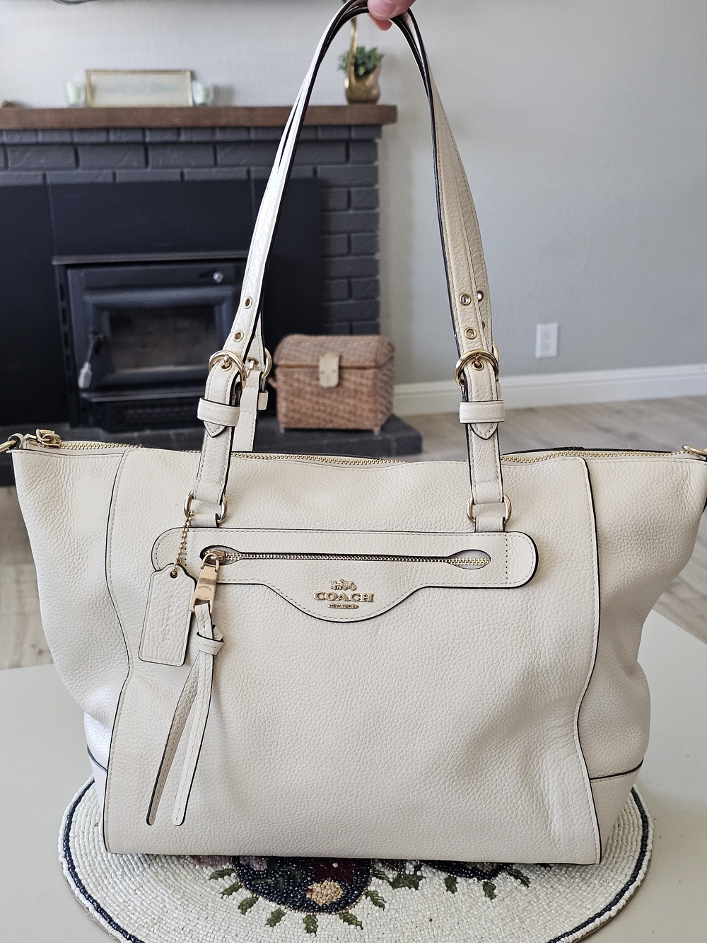 Coach Kleo Carryall Leather Tote Bag in Cream